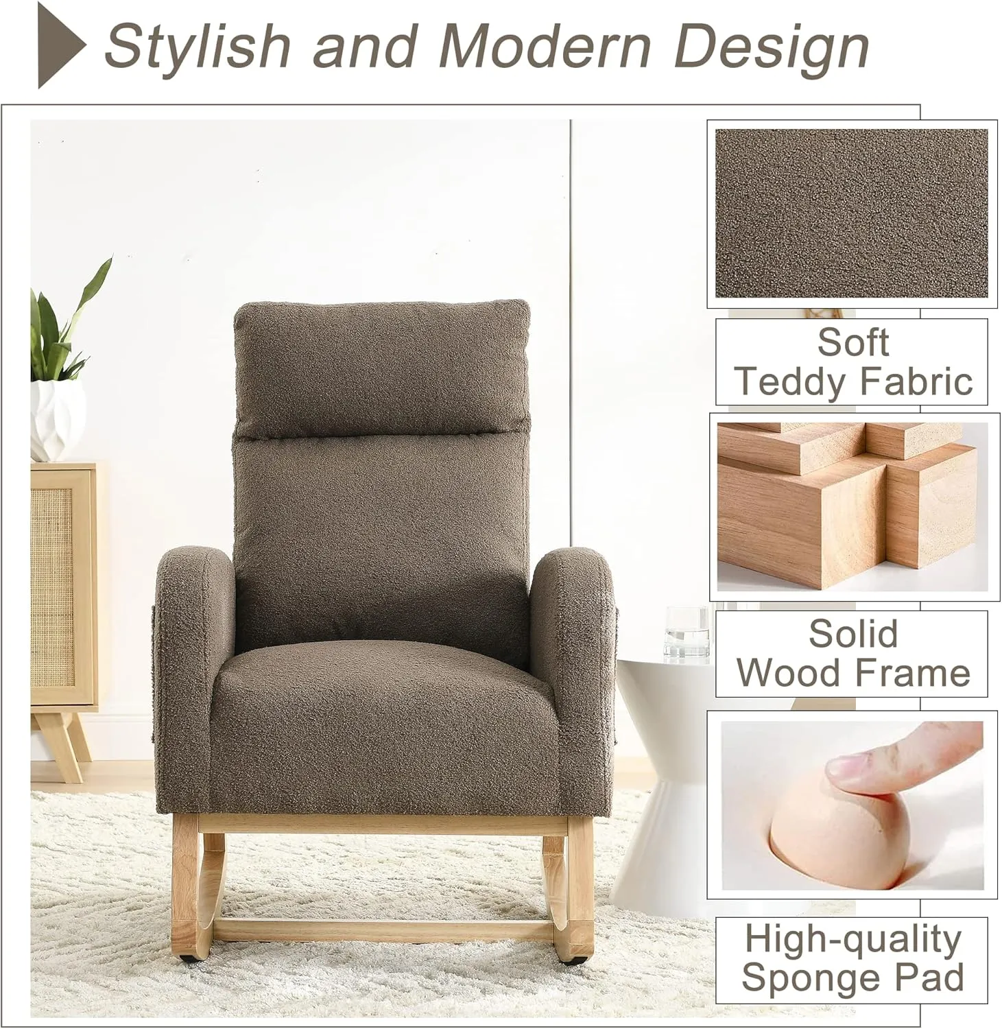 Nursery Rocking Chair with Solid Wood Legs, Glider Chair for Nursery with Two Side Pockets, Rocker Armchair for Living Room Bedroom (Coffee, Teddy Fabric)