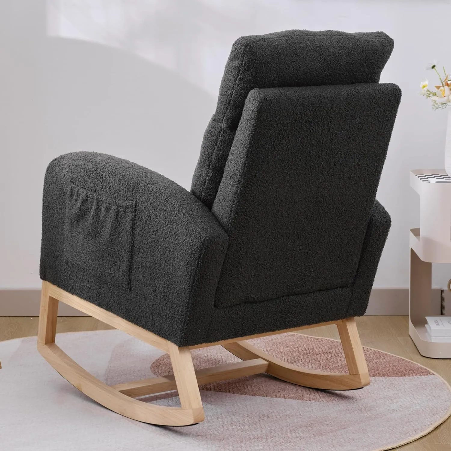 Nursery Rocking Chair with Solid Wood Legs, Glider Chair for Nursery with Two Side Pockets, Rocker Armchair for Living Room Bedroom (Dark Drey, Teddy Fabric)
