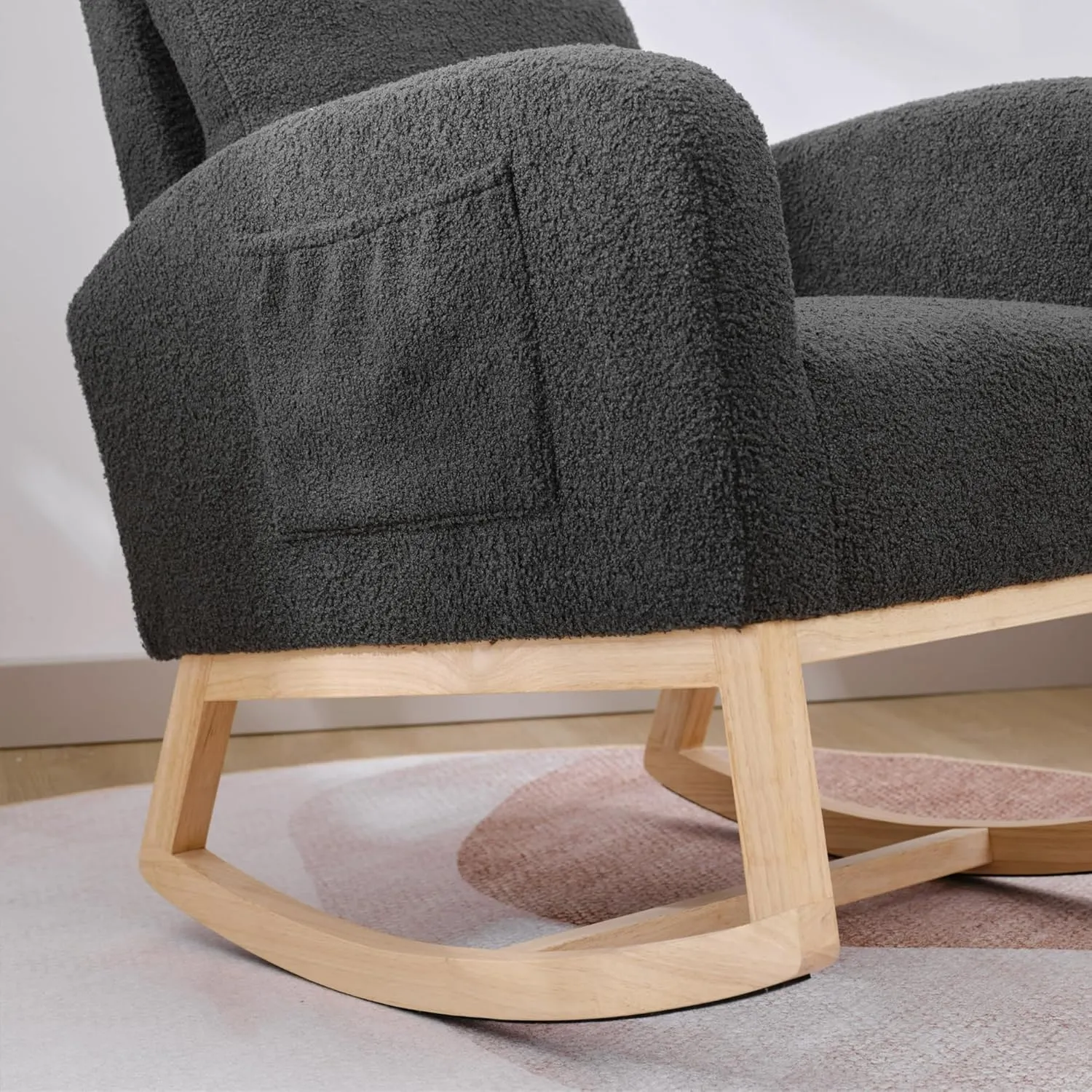 Nursery Rocking Chair with Solid Wood Legs, Glider Chair for Nursery with Two Side Pockets, Rocker Armchair for Living Room Bedroom (Dark Drey, Teddy Fabric)