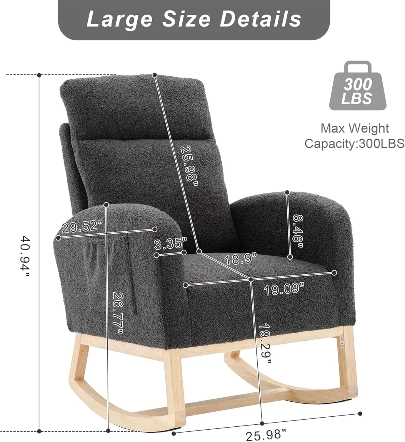 Nursery Rocking Chair with Solid Wood Legs, Glider Chair for Nursery with Two Side Pockets, Rocker Armchair for Living Room Bedroom (Dark Drey, Teddy Fabric)