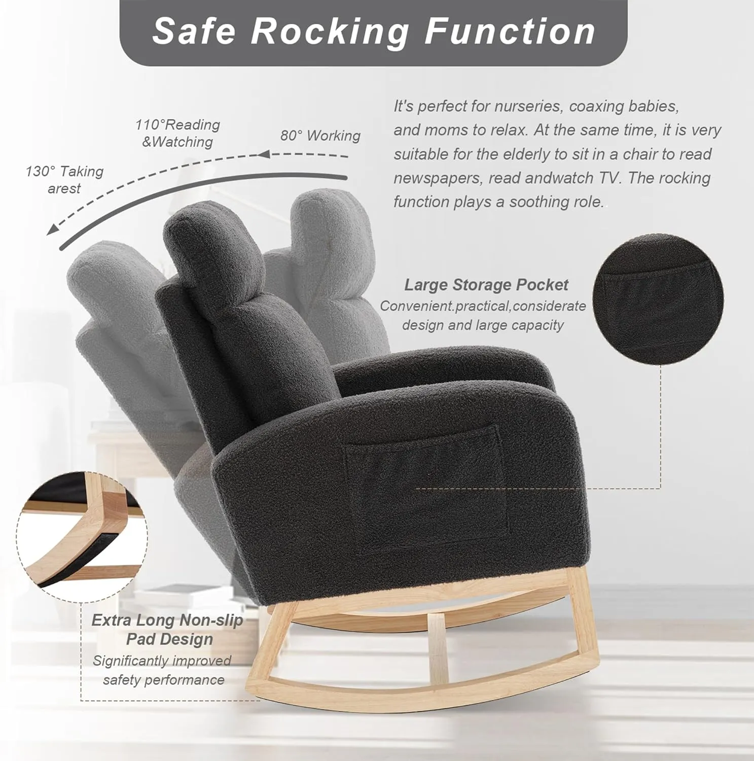 Nursery Rocking Chair with Solid Wood Legs, Glider Chair for Nursery with Two Side Pockets, Rocker Armchair for Living Room Bedroom (Dark Drey, Teddy Fabric)