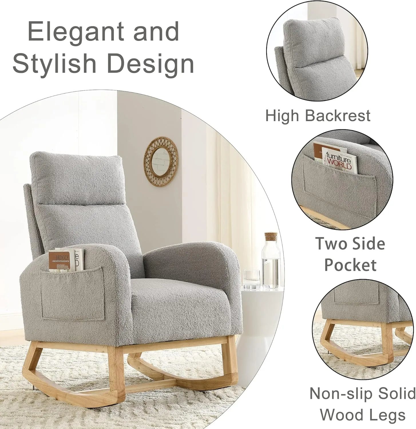 Nursery Rocking Chair with Solid Wood Legs, Glider Chair for Nursery with Two Side Pockets, Rocker Armchair for Living Room Bedroom (Grey, Teddy Fabric)
