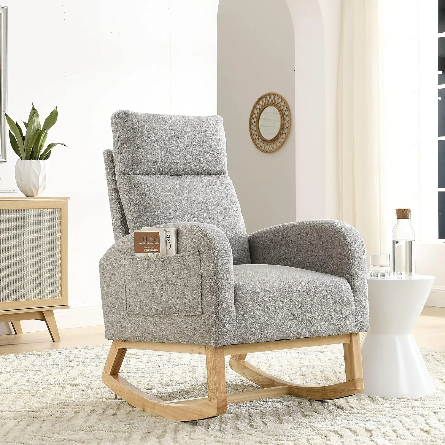 Nursery Rocking Chair with Solid Wood Legs, Glider Chair for Nursery with Two Side Pockets, Rocker Armchair for Living Room Bedroom (Grey, Teddy Fabric)