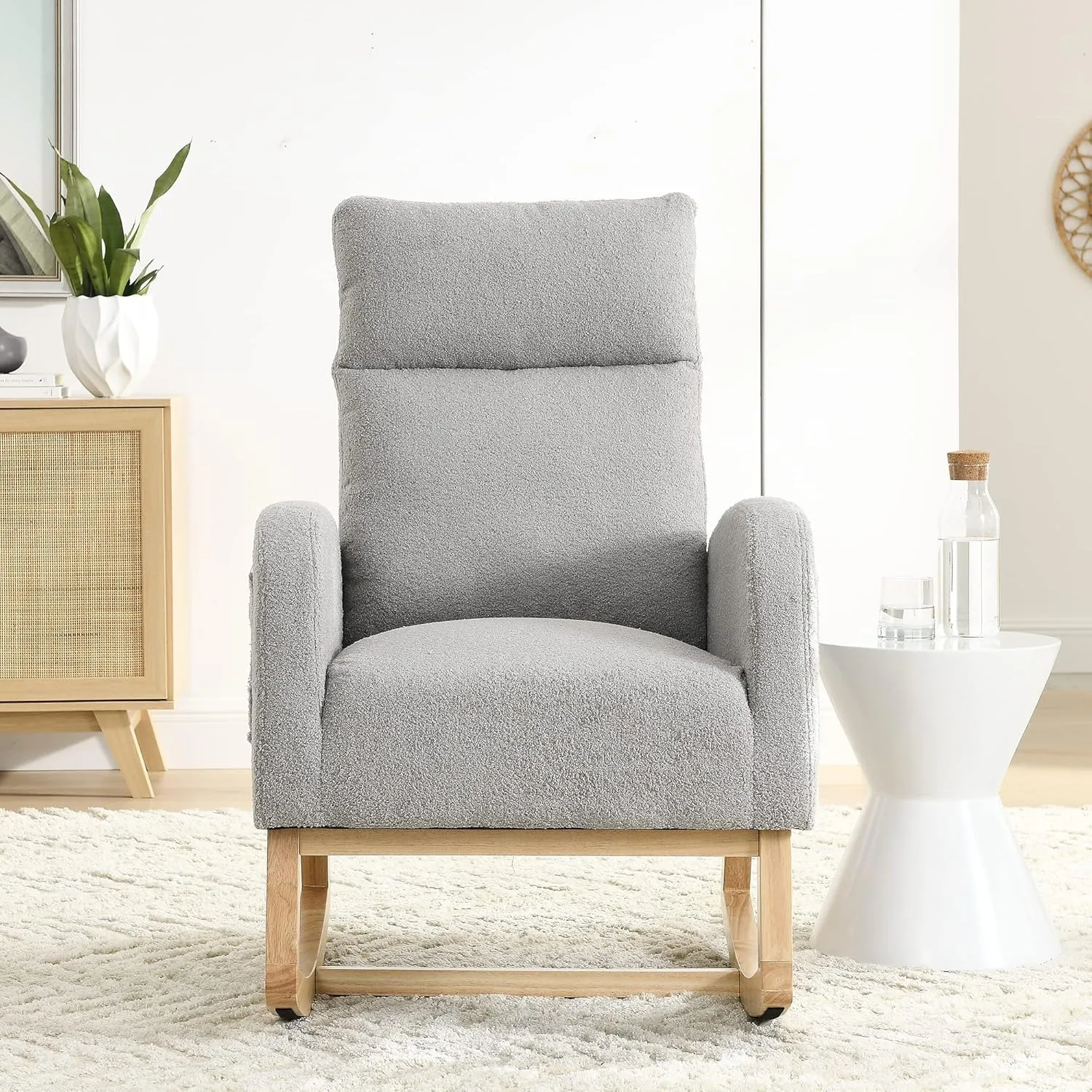 Nursery Rocking Chair with Solid Wood Legs, Glider Chair for Nursery with Two Side Pockets, Rocker Armchair for Living Room Bedroom (Grey, Teddy Fabric)