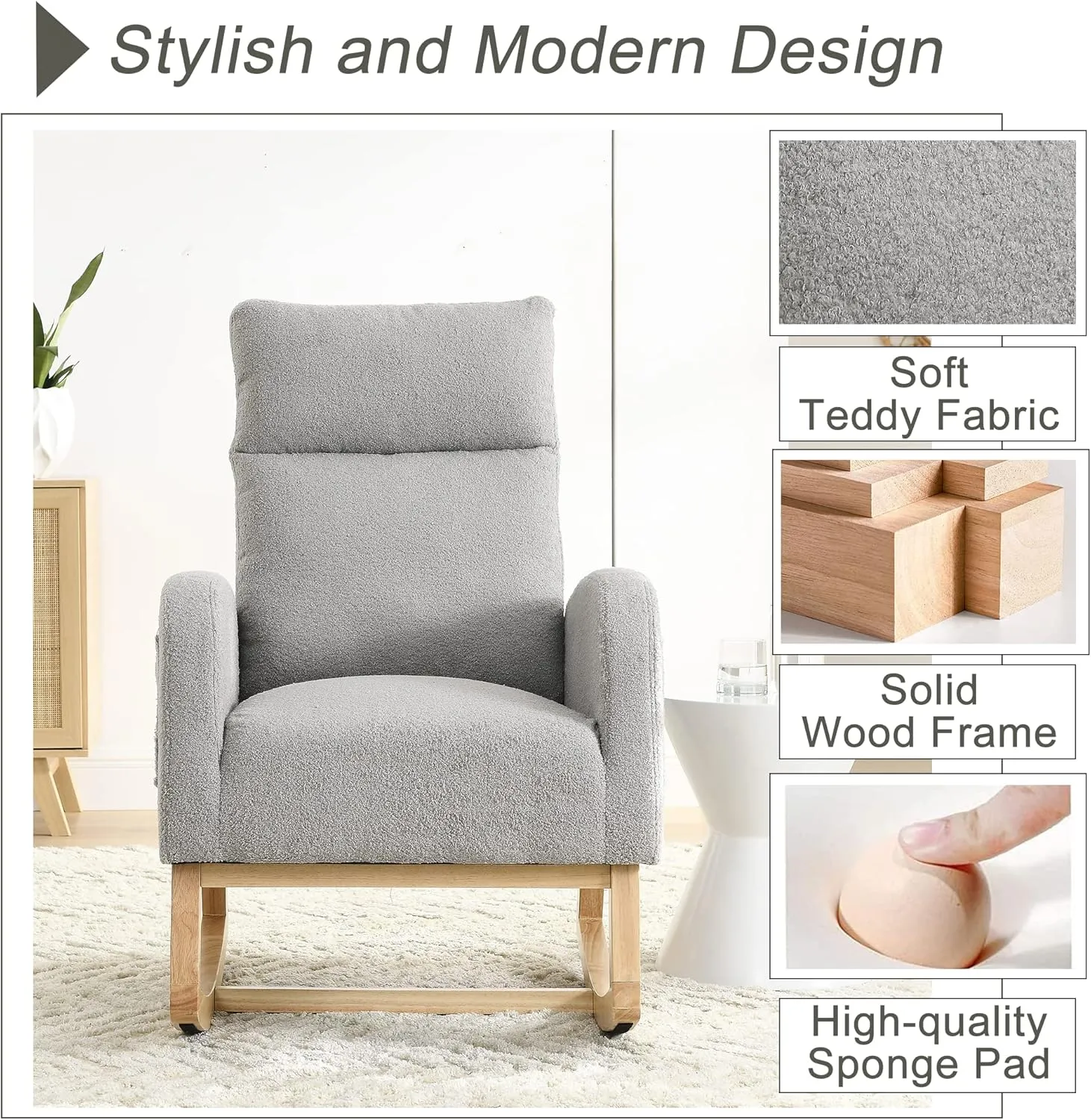 Nursery Rocking Chair with Solid Wood Legs, Glider Chair for Nursery with Two Side Pockets, Rocker Armchair for Living Room Bedroom (Grey, Teddy Fabric)