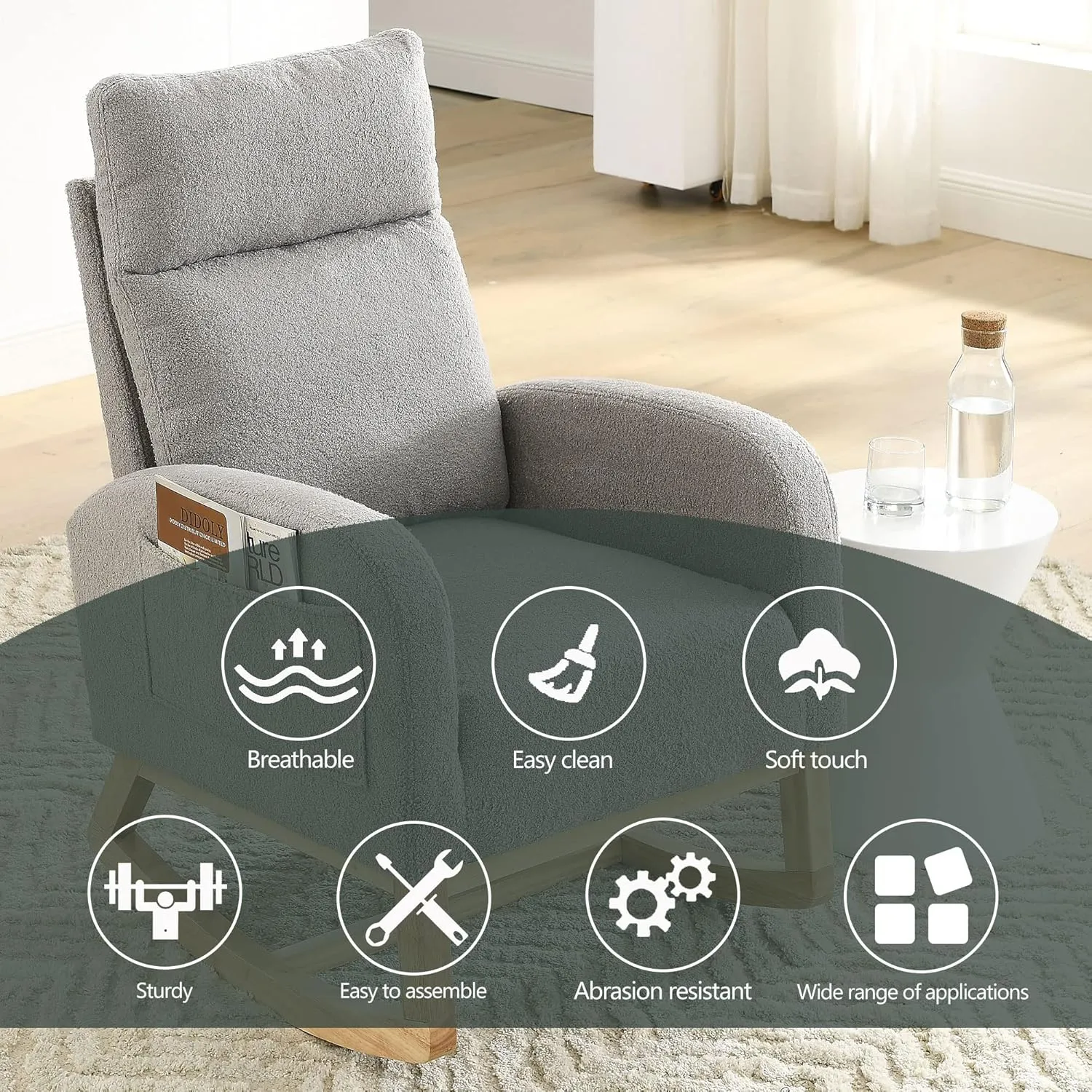 Nursery Rocking Chair with Solid Wood Legs, Glider Chair for Nursery with Two Side Pockets, Rocker Armchair for Living Room Bedroom (Grey, Teddy Fabric)