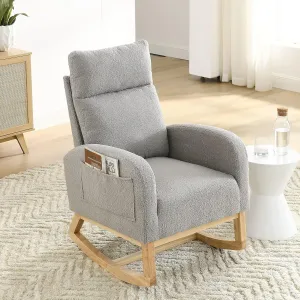 Nursery Rocking Chair with Solid Wood Legs, Glider Chair for Nursery with Two Side Pockets, Rocker Armchair for Living Room Bedroom (Grey, Teddy Fabric)