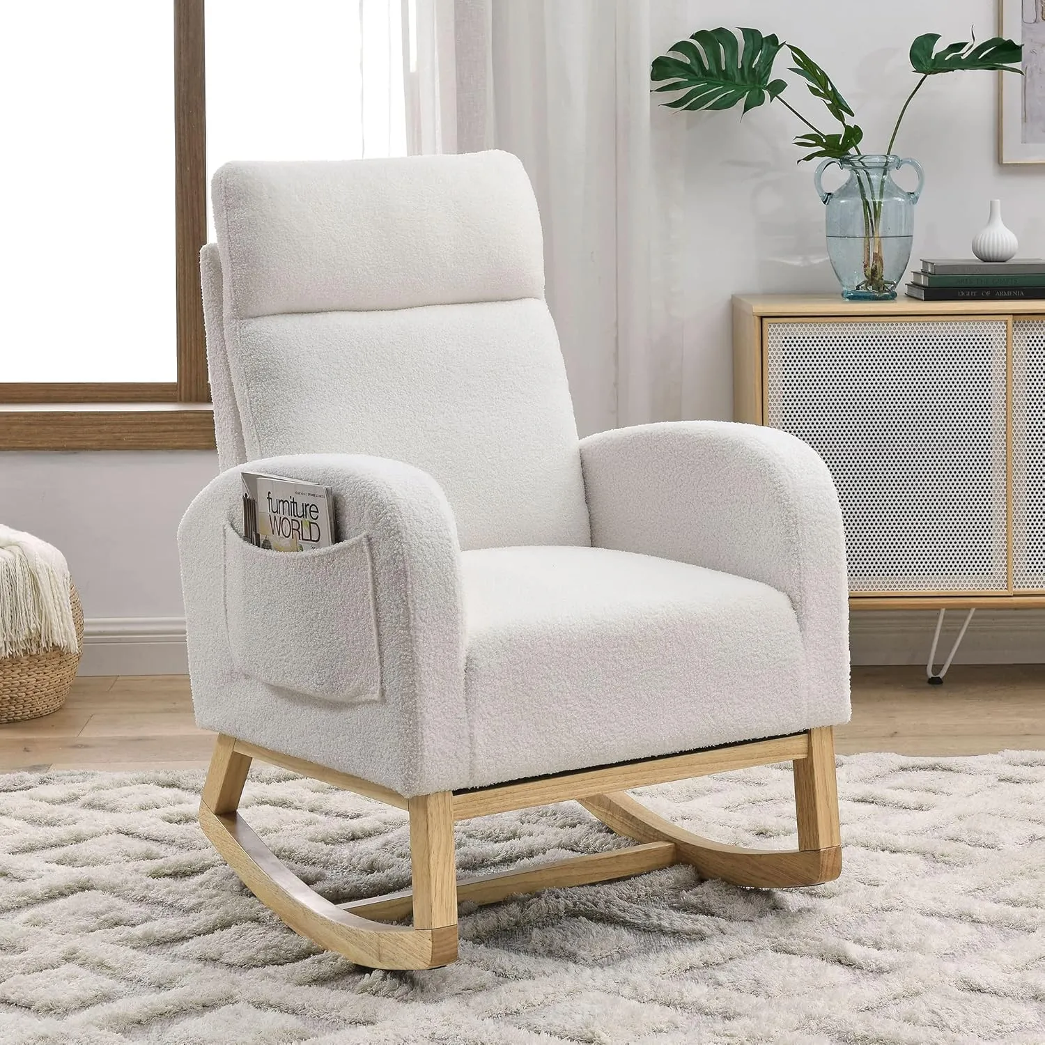 Nursery Rocking Chair with Solid Wood Legs, Glider Chair for Nursery with Two Side Pockets, Rocker Armchair for Living Room Bedroom (Ivory White, Teddy Fabric)