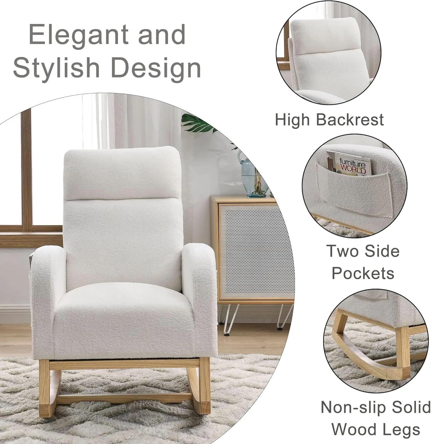 Nursery Rocking Chair with Solid Wood Legs, Glider Chair for Nursery with Two Side Pockets, Rocker Armchair for Living Room Bedroom (Ivory White, Teddy Fabric)