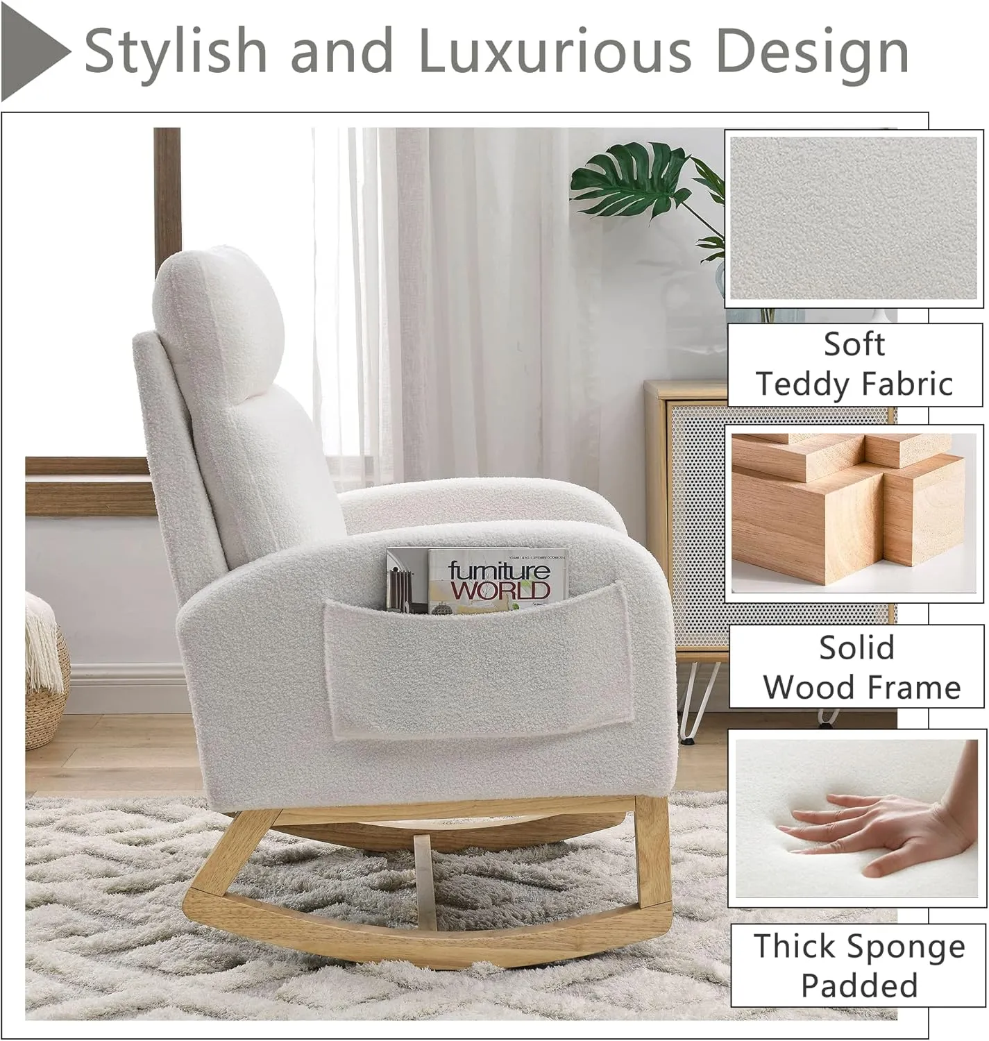 Nursery Rocking Chair with Solid Wood Legs, Glider Chair for Nursery with Two Side Pockets, Rocker Armchair for Living Room Bedroom (Ivory White, Teddy Fabric)