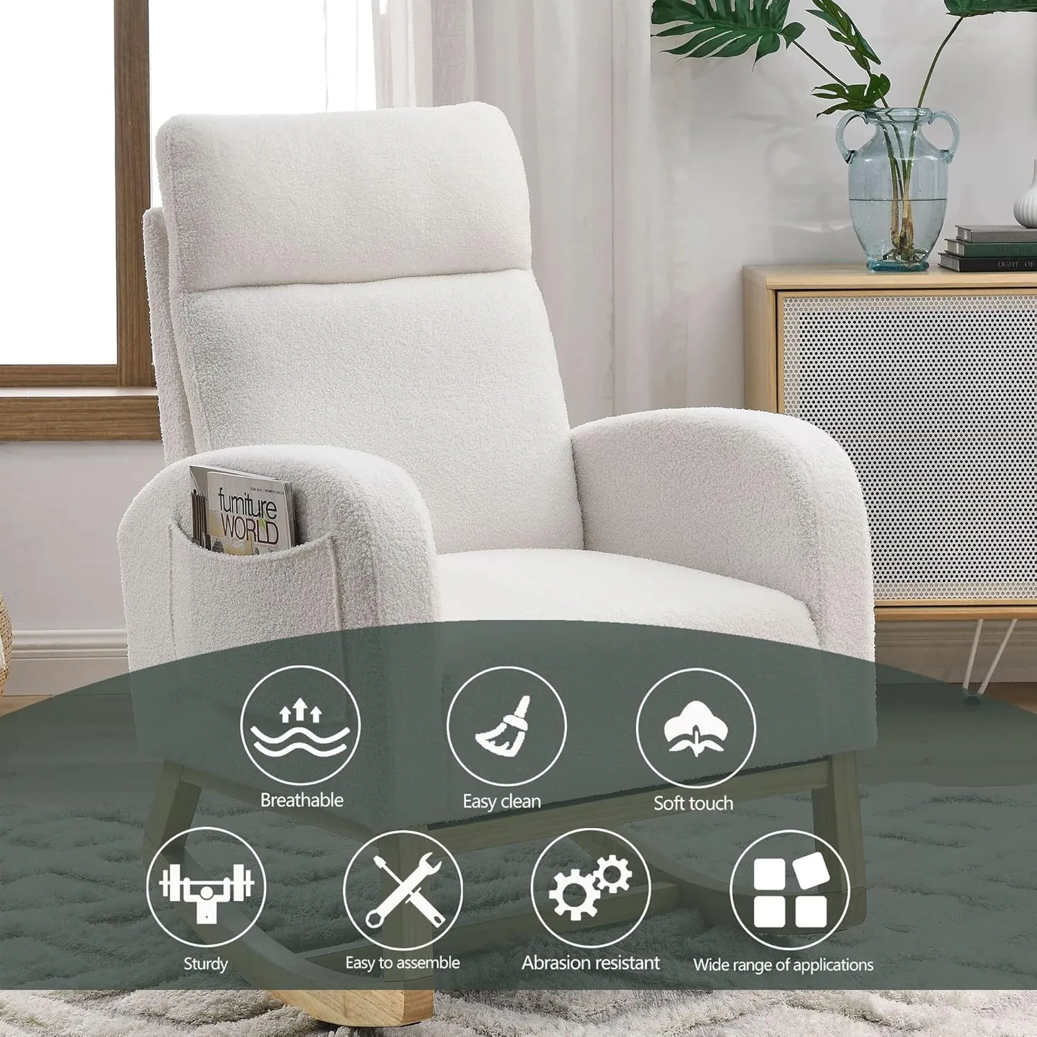Nursery Rocking Chair with Solid Wood Legs, Glider Chair for Nursery with Two Side Pockets, Rocker Armchair for Living Room Bedroom (Ivory White, Teddy Fabric)