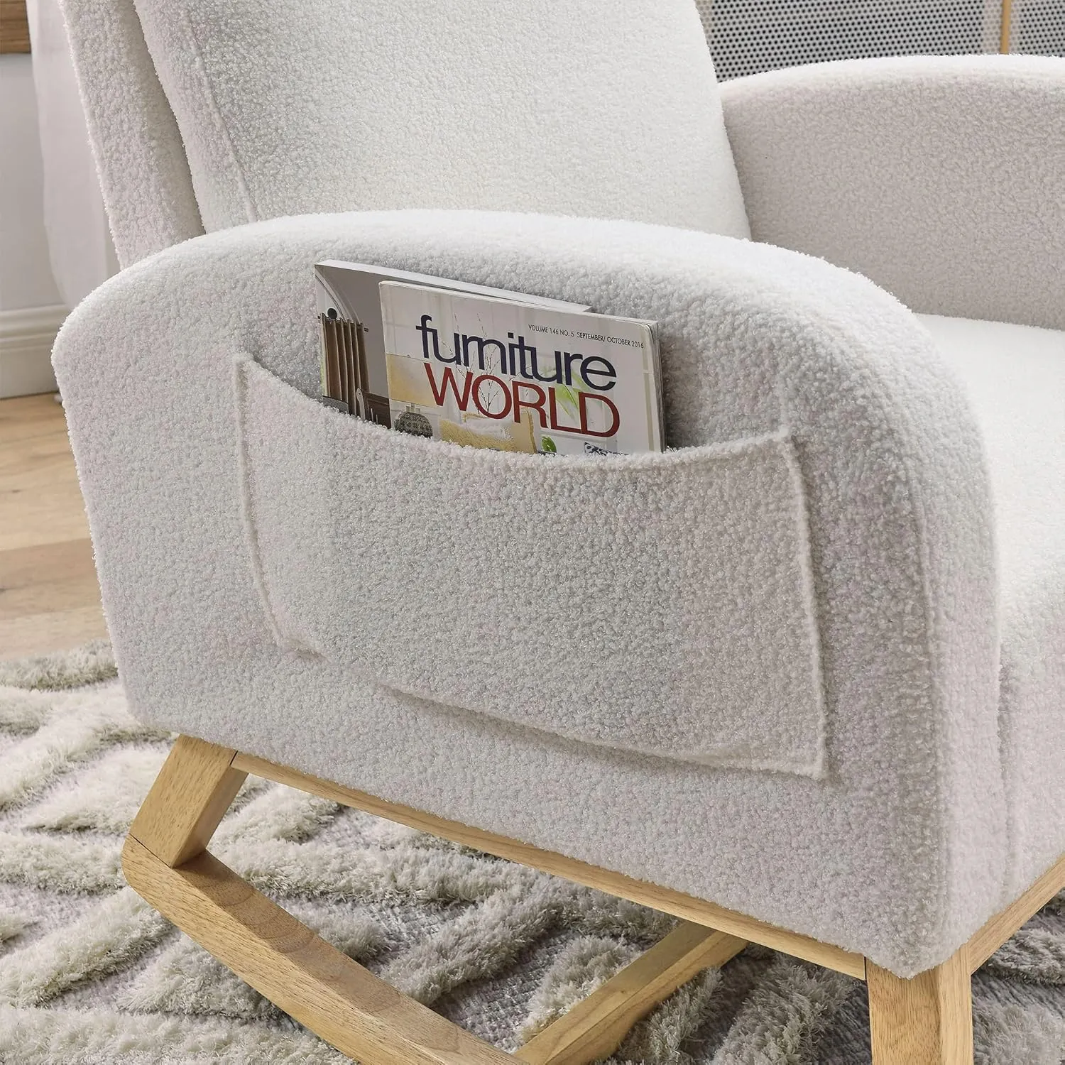 Nursery Rocking Chair with Solid Wood Legs, Glider Chair for Nursery with Two Side Pockets, Rocker Armchair for Living Room Bedroom (Ivory White, Teddy Fabric)