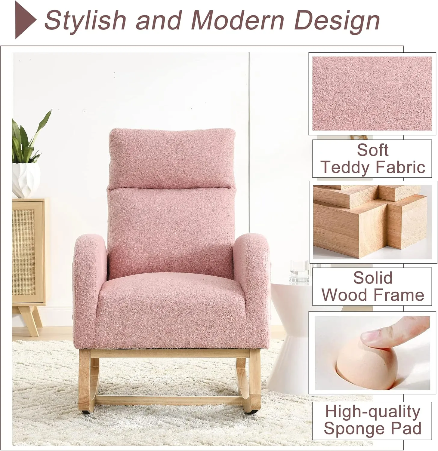 Nursery Rocking Chair with Solid Wood Legs, Glider Chair for Nursery with Two Side Pockets, Rocker Armchair for Living Room Bedroom (Pink, Teddy Fabric)