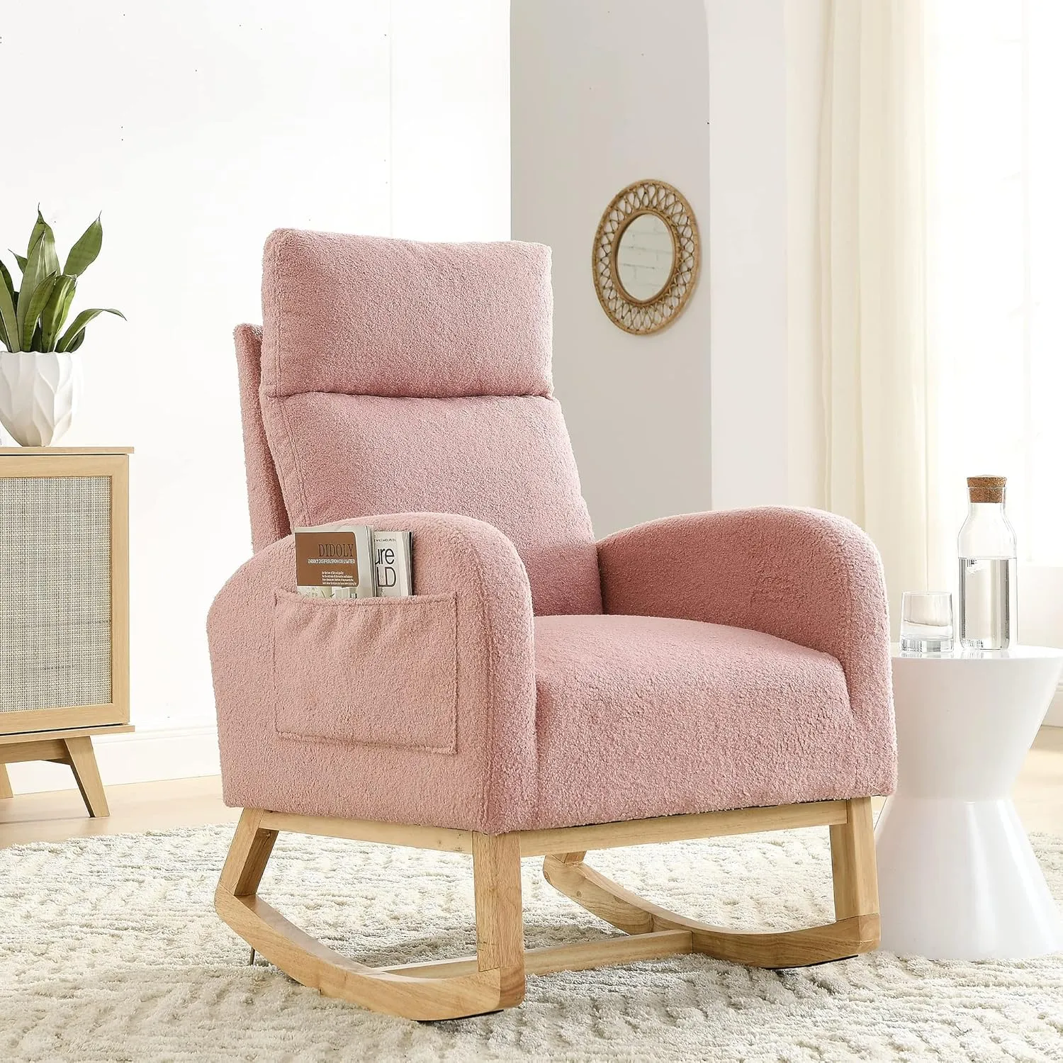 Nursery Rocking Chair with Solid Wood Legs, Glider Chair for Nursery with Two Side Pockets, Rocker Armchair for Living Room Bedroom (Pink, Teddy Fabric)