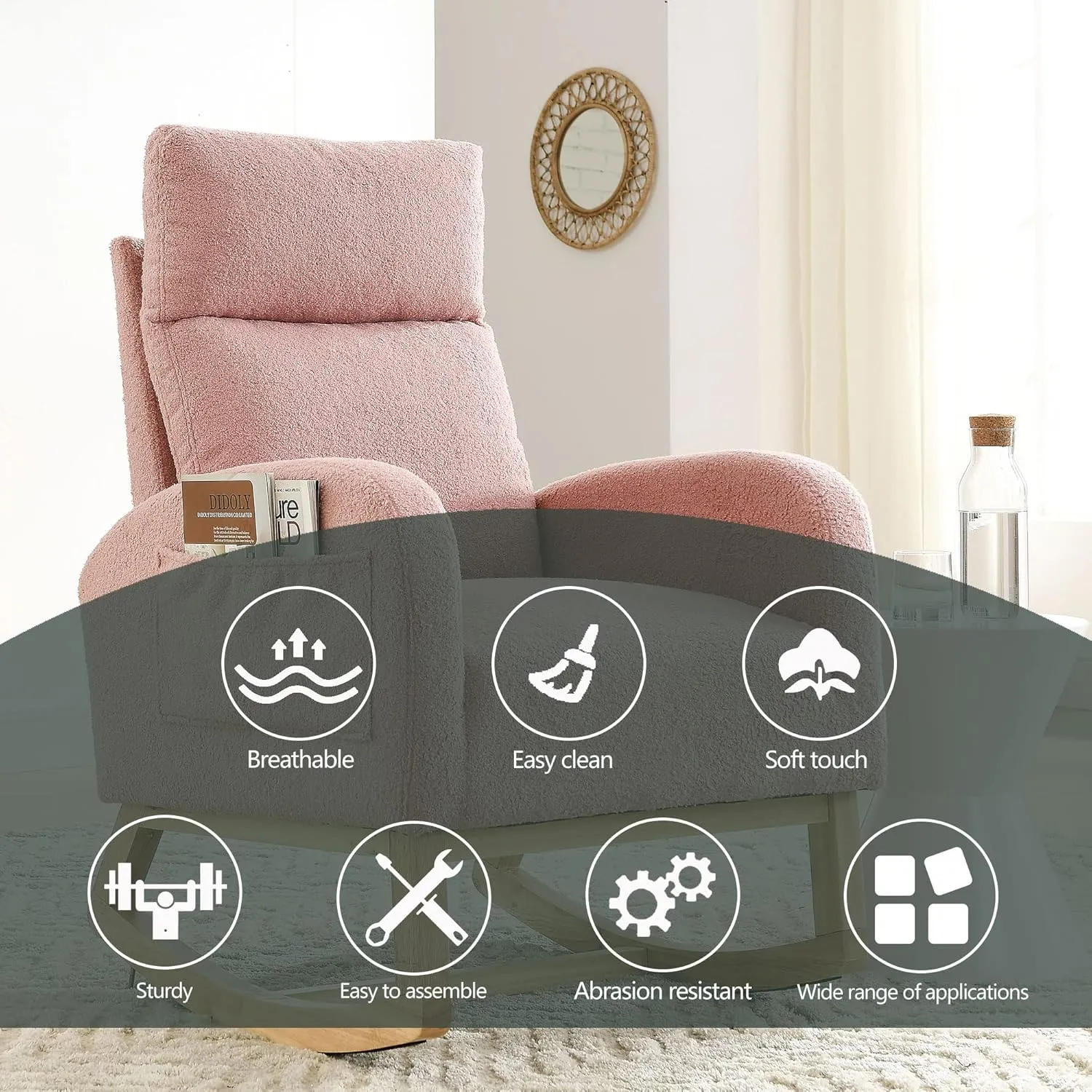 Nursery Rocking Chair with Solid Wood Legs, Glider Chair for Nursery with Two Side Pockets, Rocker Armchair for Living Room Bedroom (Pink, Teddy Fabric)