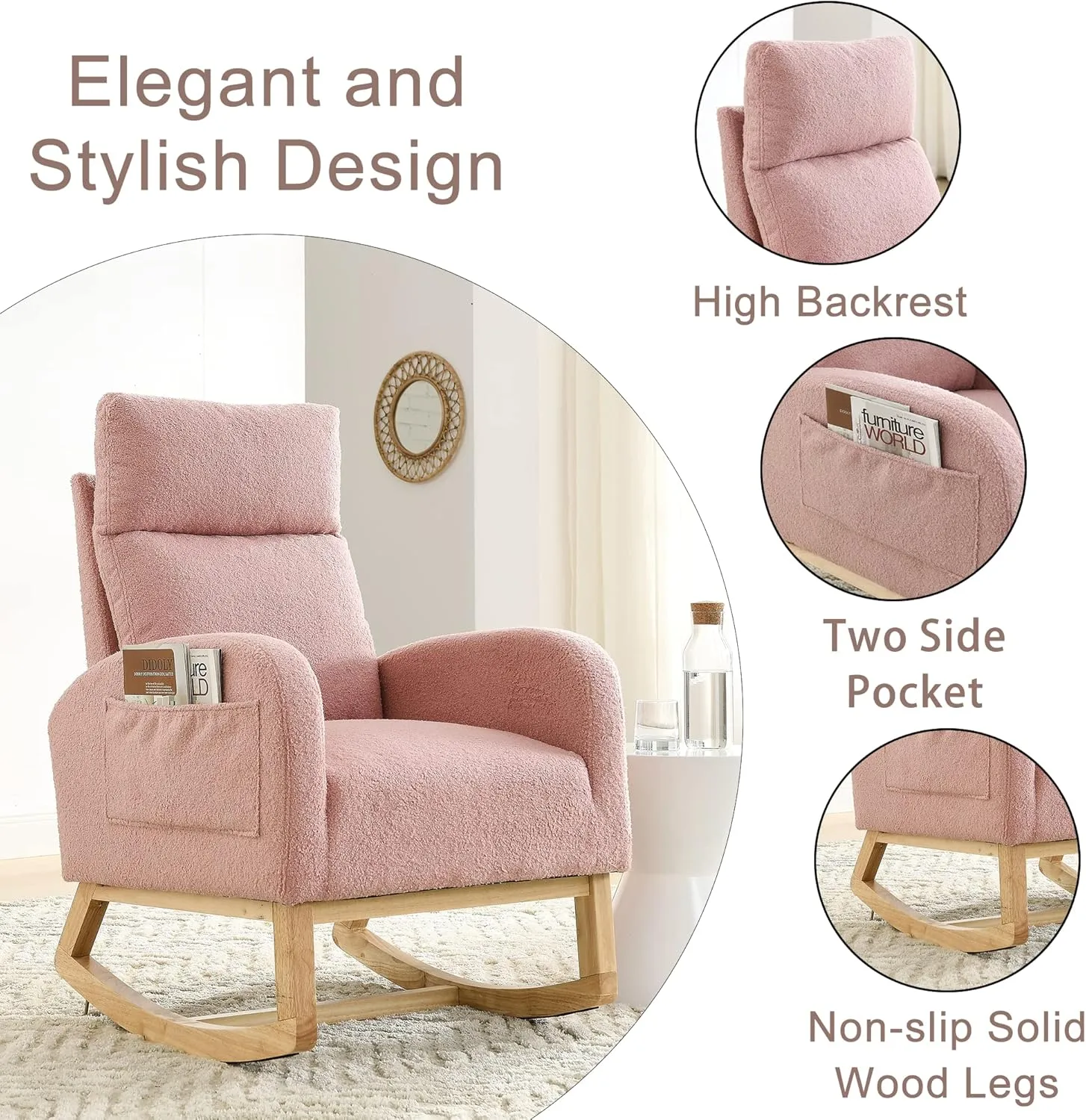 Nursery Rocking Chair with Solid Wood Legs, Glider Chair for Nursery with Two Side Pockets, Rocker Armchair for Living Room Bedroom (Pink, Teddy Fabric)