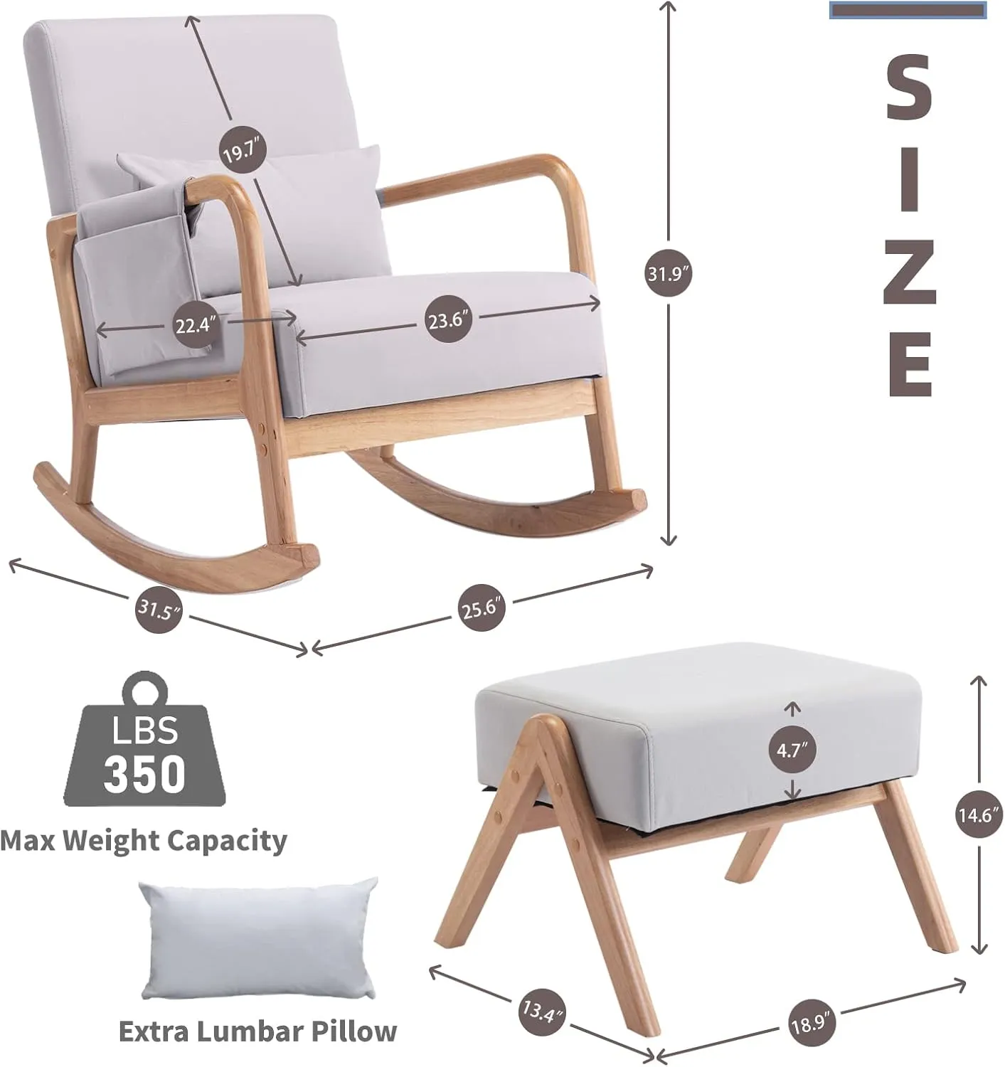 Nursery Rocking Chairs with Ottoman，Rocker Chair Glider Chair for Nursery，Modern Mid Century Living Room Chair Nursing Comfy Chairs for Mom Seniors, Light Gray