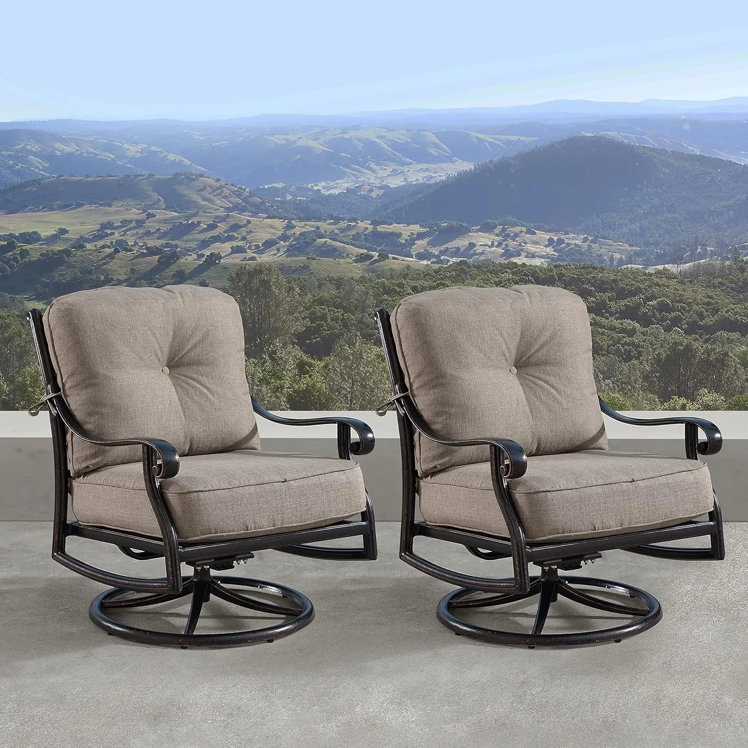Oakland Living Aluminum Outdoor Swivel Club Finish with Thick Tan Polyester Cushions (Set of 2) Deep Seating Rocking Chairs, Antique Copper