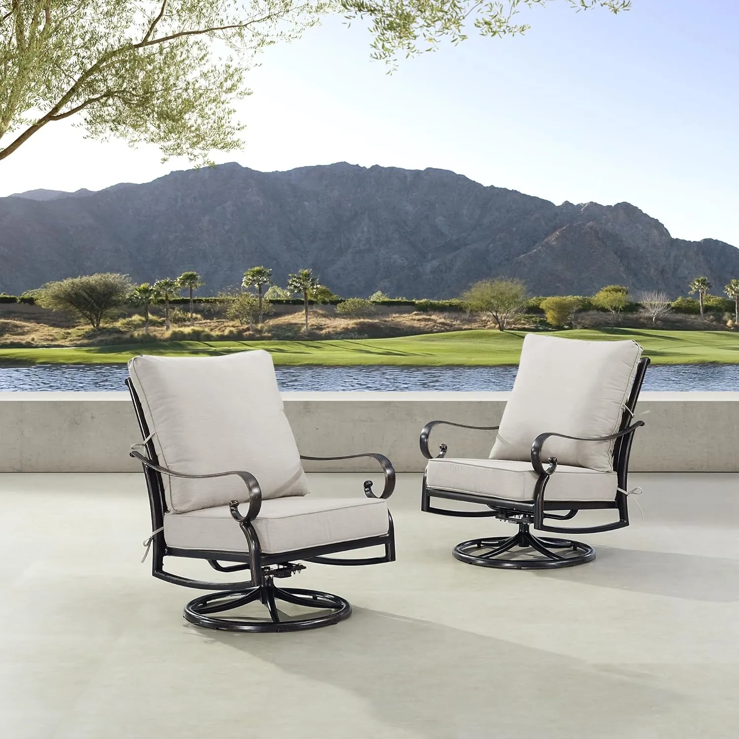 Oakland Living Pair of Black Aluminum Patio Deep Seating Swivel Rocker Club Chairs with Light Grey Cushions