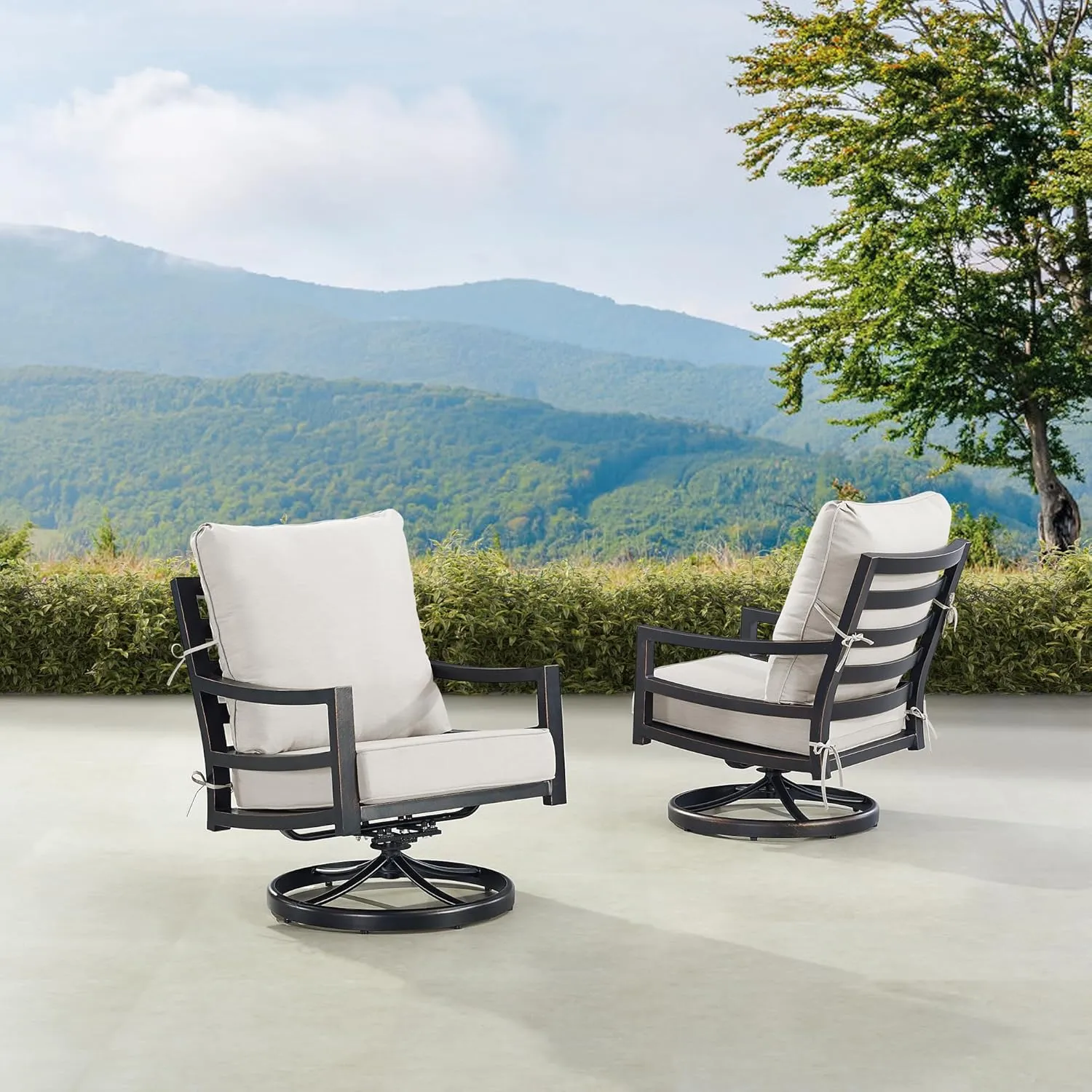 Oakland Living Pair of Black Aluminum Patio Deep Seating Swivel Rocker Club Chairs with Light Grey Cushions