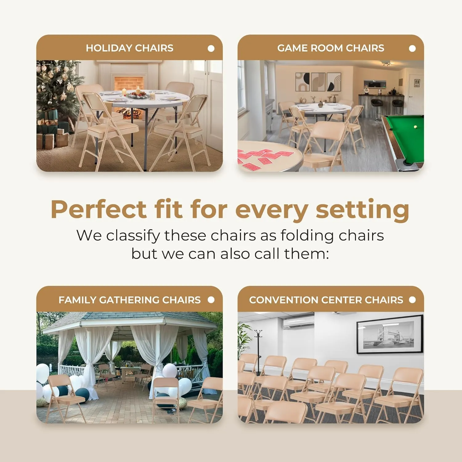 OEF Furnishings (4 Pack) Premium Vinyl Padded Folding Chairs, Beige - Ideal for Home, Office, or Events