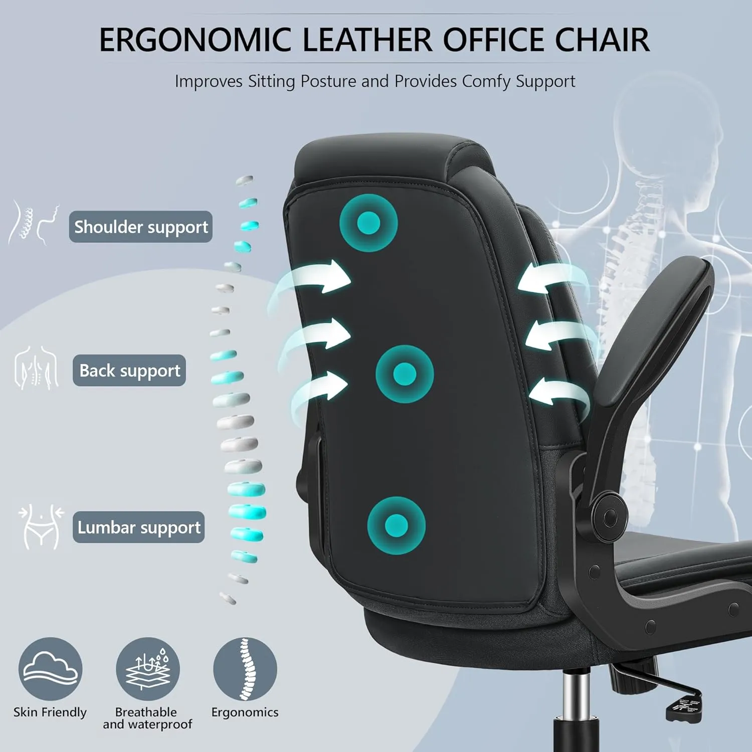 Office Chair Ergonomic Computer Desk Chair, Executive Leather Office Chair with Adjustable Flip-up Armrests Height, Swivel Task Chair with Lumbar Support Rocking Function for Home Office(Black)