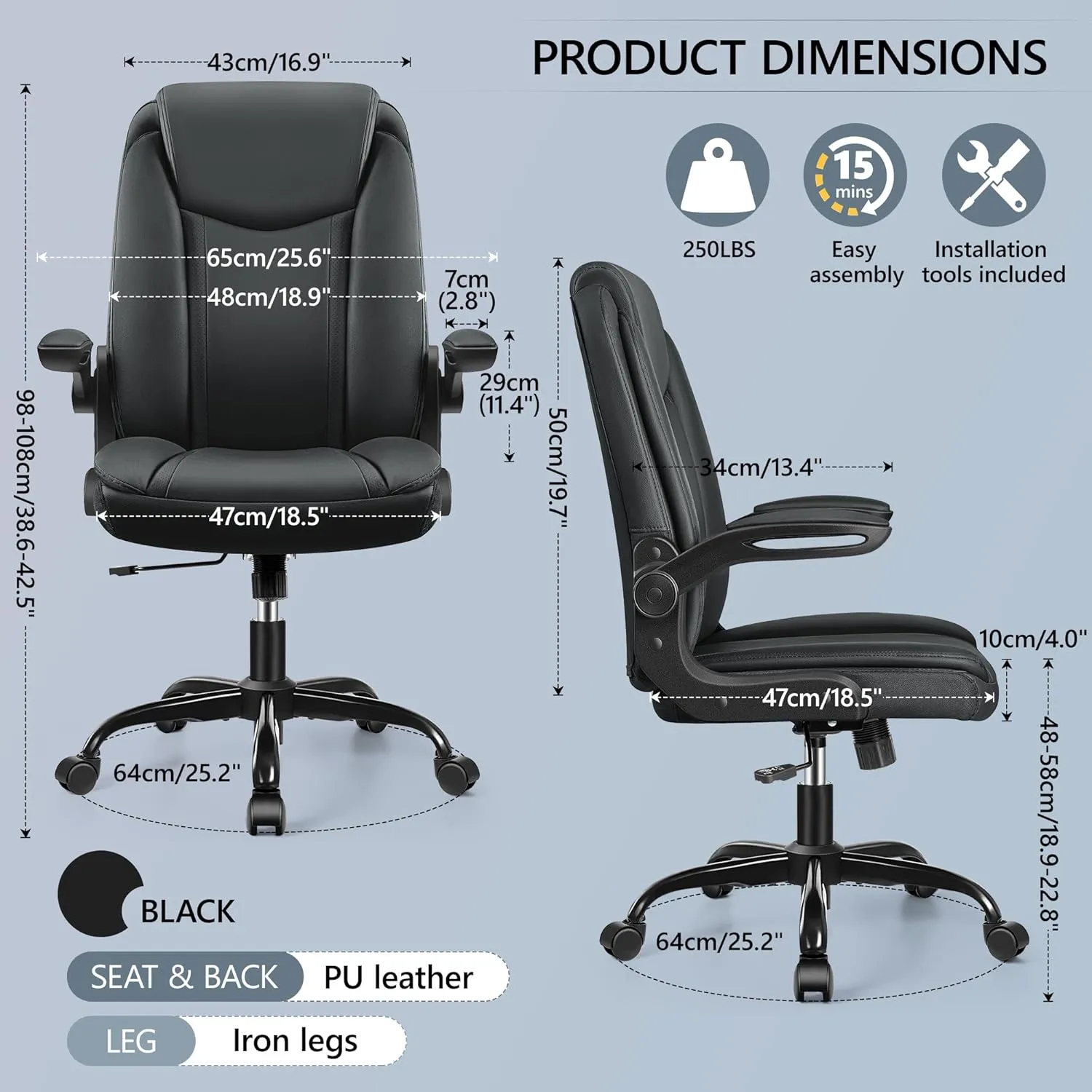 Office Chair Ergonomic Computer Desk Chair, Executive Leather Office Chair with Adjustable Flip-up Armrests Height, Swivel Task Chair with Lumbar Support Rocking Function for Home Office(Black)