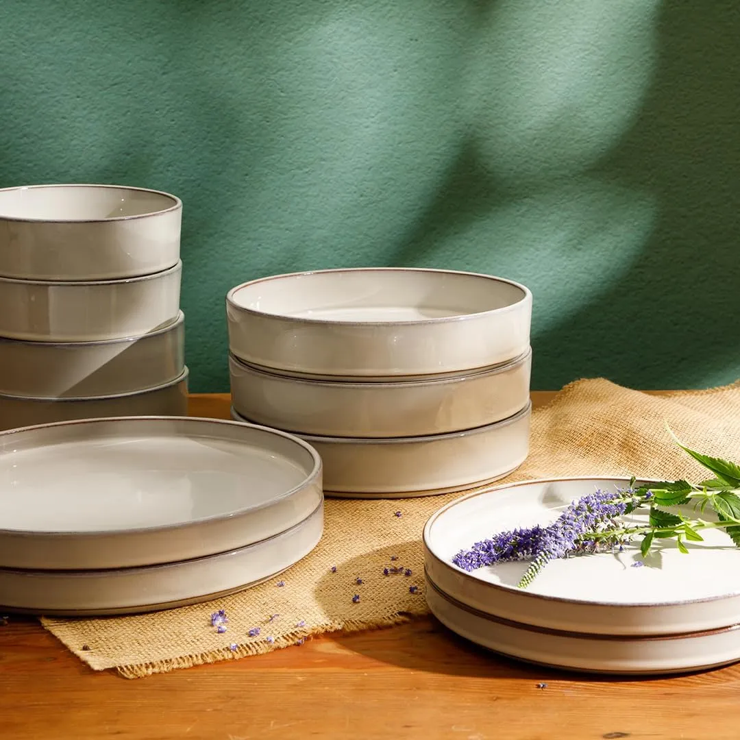 Oprah's Favorite Things - Santorini Mist Double Bowl Terracotta Reactive Glaze Plates and Bowls Dinnerware Set - Moonstone White, Service for Four (16pcs)