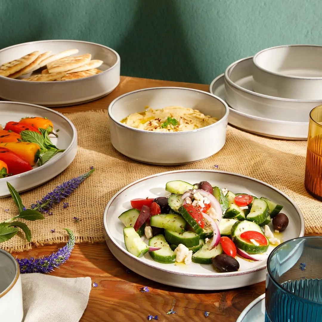 Oprah's Favorite Things - Santorini Mist Double Bowl Terracotta Reactive Glaze Plates and Bowls Dinnerware Set - Moonstone White, Service for Four (16pcs)