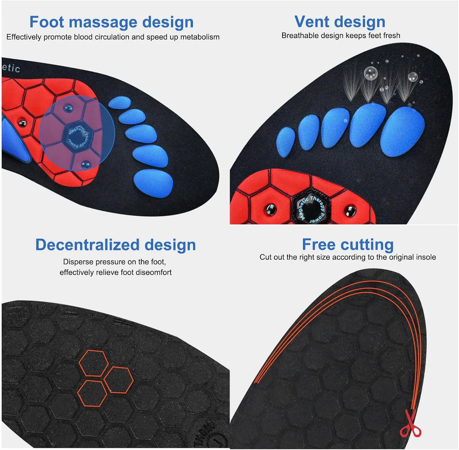 Orthopedic Acupressure Insoles – Reflexology Massage Insoles for Pain Relief, Comfortable Foot Support for Men and Women (Black-Red, L(Men 9.5-12/Women 10.5-13))