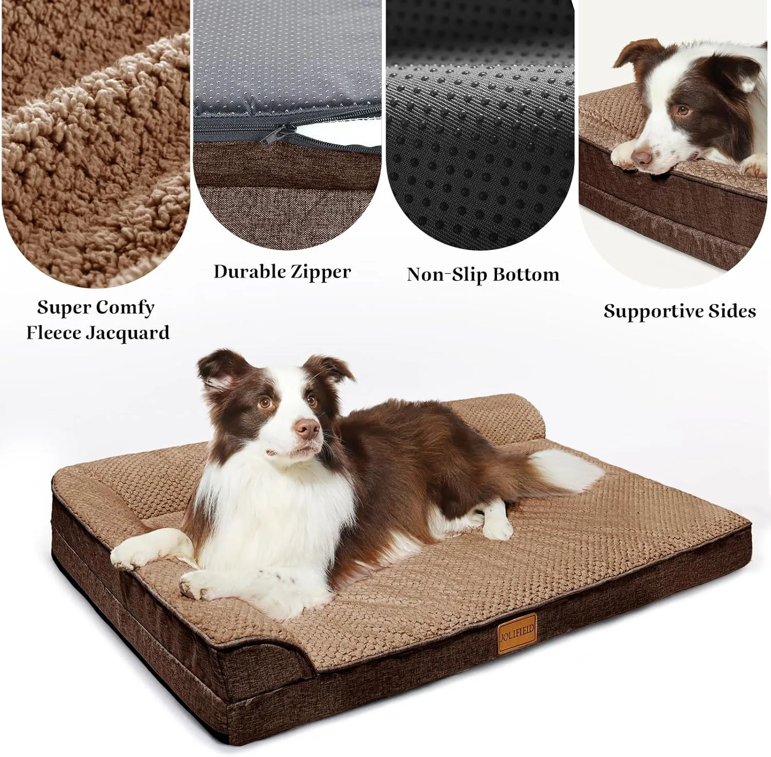 Orthopedic Jacquard XL Dog Bed for Large Dogs 42''X28'', Waterproof L Shaped Big Large Pet Sofa Bed with Washable Removable Cover, Non-Slip Soft Warm Comfortable Pet Couch Sleep Mat, Brown