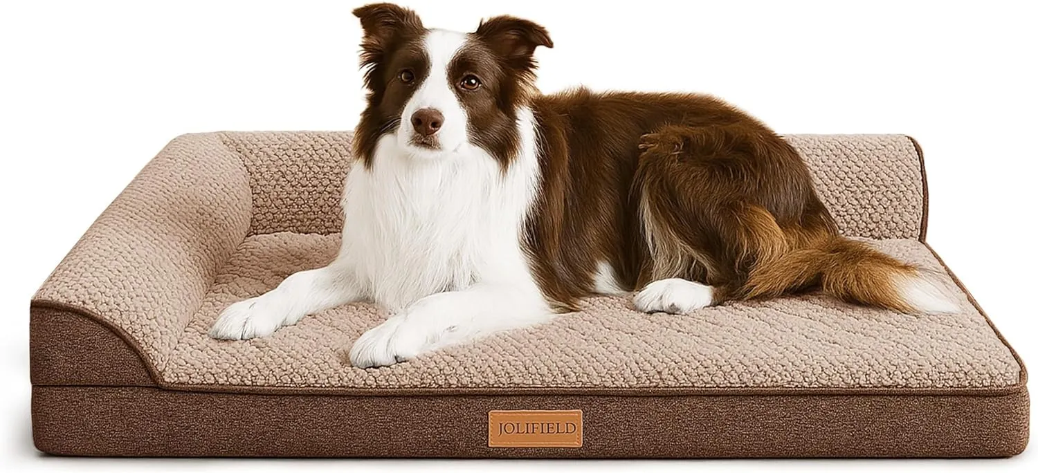 Orthopedic Jacquard XL Dog Bed for Large Dogs 42''X28'', Waterproof L Shaped Big Large Pet Sofa Bed with Washable Removable Cover, Non-Slip Soft Warm Comfortable Pet Couch Sleep Mat, Brown