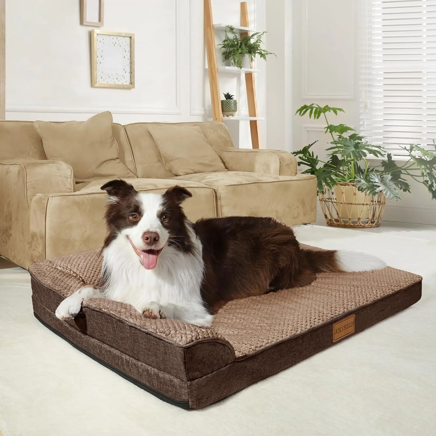 Orthopedic Jacquard XL Dog Bed for Large Dogs 42''X28'', Waterproof L Shaped Big Large Pet Sofa Bed with Washable Removable Cover, Non-Slip Soft Warm Comfortable Pet Couch Sleep Mat, Brown