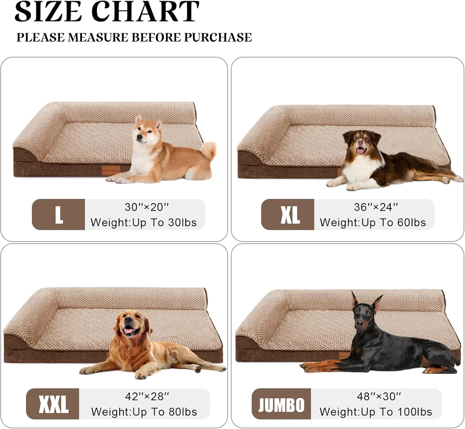 Orthopedic Jacquard XL Dog Bed for Large Dogs 42''X28'', Waterproof L Shaped Big Large Pet Sofa Bed with Washable Removable Cover, Non-Slip Soft Warm Comfortable Pet Couch Sleep Mat, Brown
