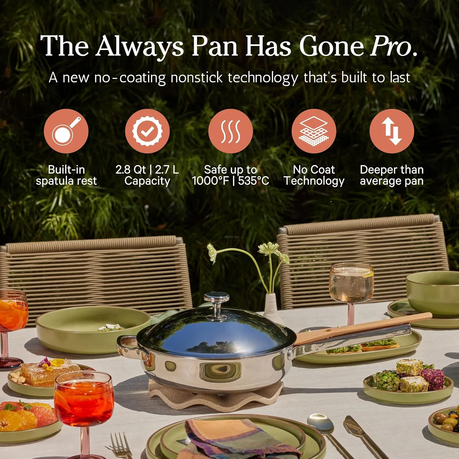 Our Place Titanium Always Pan Pro - 10.6” (2.8 Qt) No-Coating Nonstick Technology | Tri-Ply Titanium & Stainless Steel | Safe for Oven, Induction & Cooktops up to 1000°F | Beechwood Spatula | Chrome