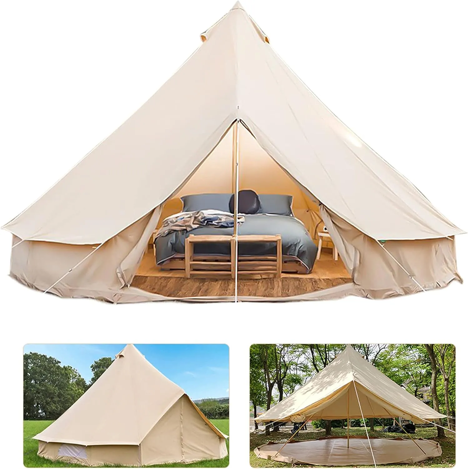 Outdoor Bell Tents Large Canvas Glamping Yurt Tent with Zipped Groundsheet and Chimney for Family Camping Hiking Hunting Party Shelter, 3/4/5/6m (4m/13.1ft) (5m/16.4ft)
