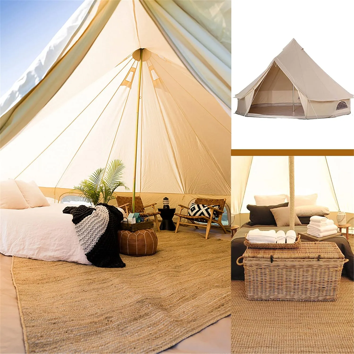 Outdoor Bell Tents Large Canvas Glamping Yurt Tent with Zipped Groundsheet and Chimney for Family Camping Hiking Hunting Party Shelter, 3/4/5/6m (Khaki 3m/9.84ft) (Khaki 3m/9.84ft)