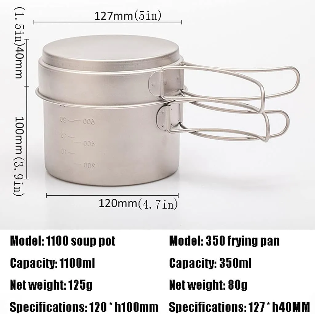Outdoor Camping Camping Cookware Kit Lightweight Soup Pot Portable Frying Pan Pure Titanium Camping Cooker Set Outdoor Cookware Set Adventures Picnics (Onecolor 1450ml)