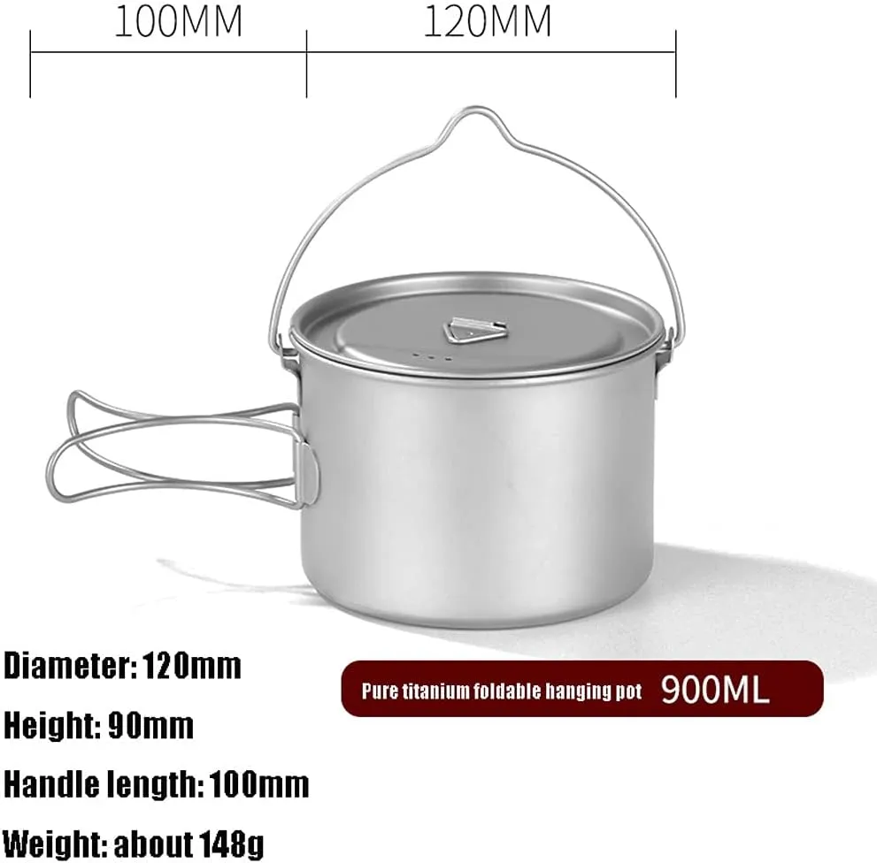 Outdoor Camping Outdoors Camping Cookware Lightweight Hanging Pot Camping Cooker Pure Titanium Foldable Hanging Pot Hiking Cooking Pot Adventures Picnics (OneColor 900ml)