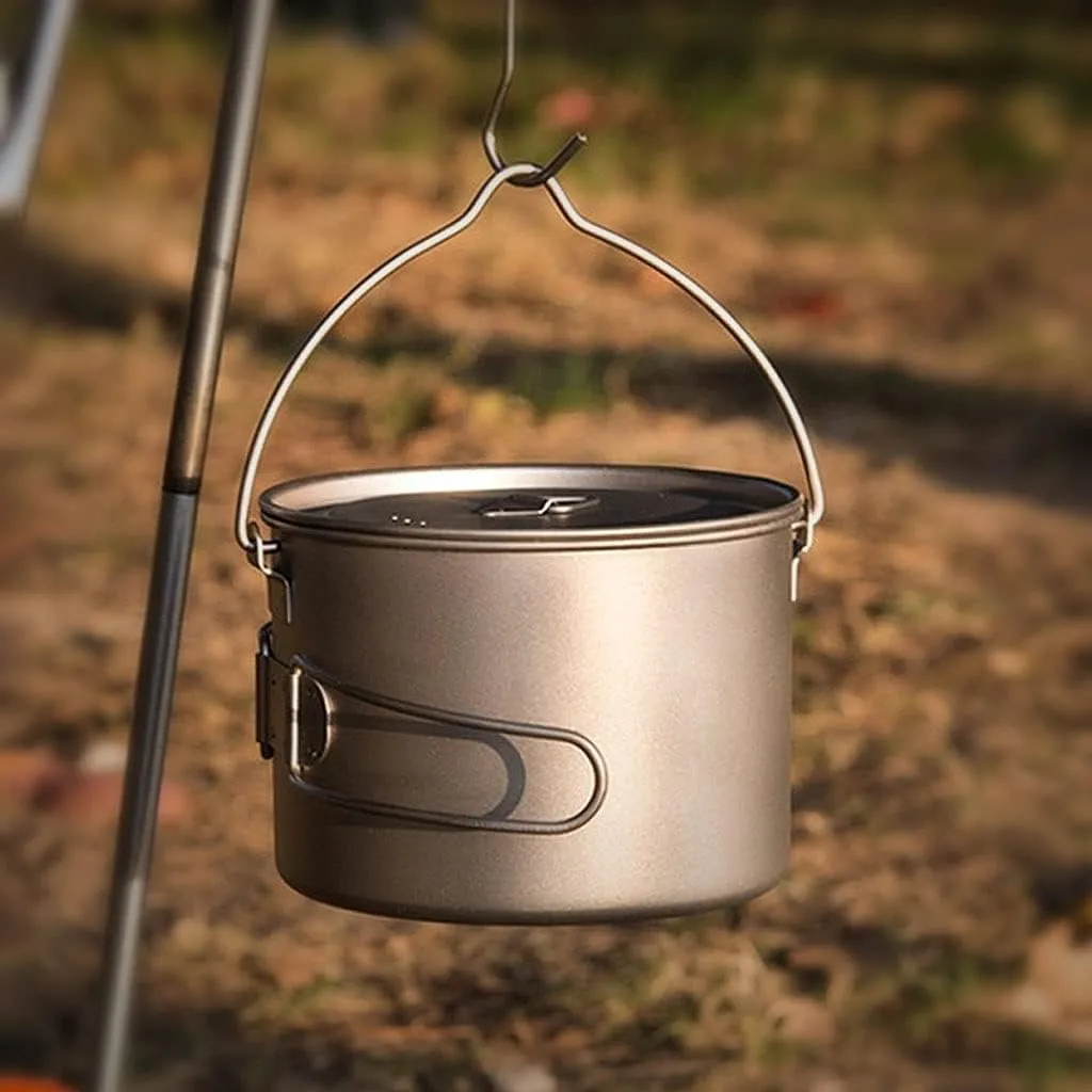 Outdoor Camping Outdoors Camping Cookware Lightweight Hanging Pot Camping Cooker Pure Titanium Foldable Hanging Pot Hiking Cooking Pot Adventures Picnics (OneColor 900ml)