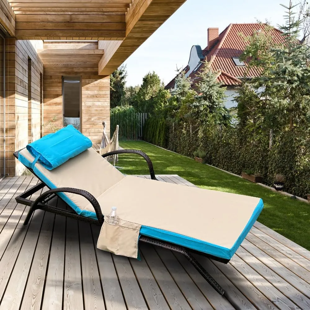 Outdoor Chaise Lounge Cushions Replacement Double Color Covers, 72 x 21 x 3 Inch Patio Lounge Chair Cushion Covers-Fade-Ristant, Includes Reboot headrest and Storage Bag (Lake Blue & Khaki)