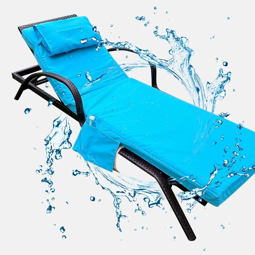 Outdoor Chaise Lounge Cushions Replacement Double Color Covers, 72 x 21 x 3 Inch Patio Lounge Chair Cushion Covers-Fade-Ristant, Includes Reboot headrest and Storage Bag (Lake Blue & Khaki)