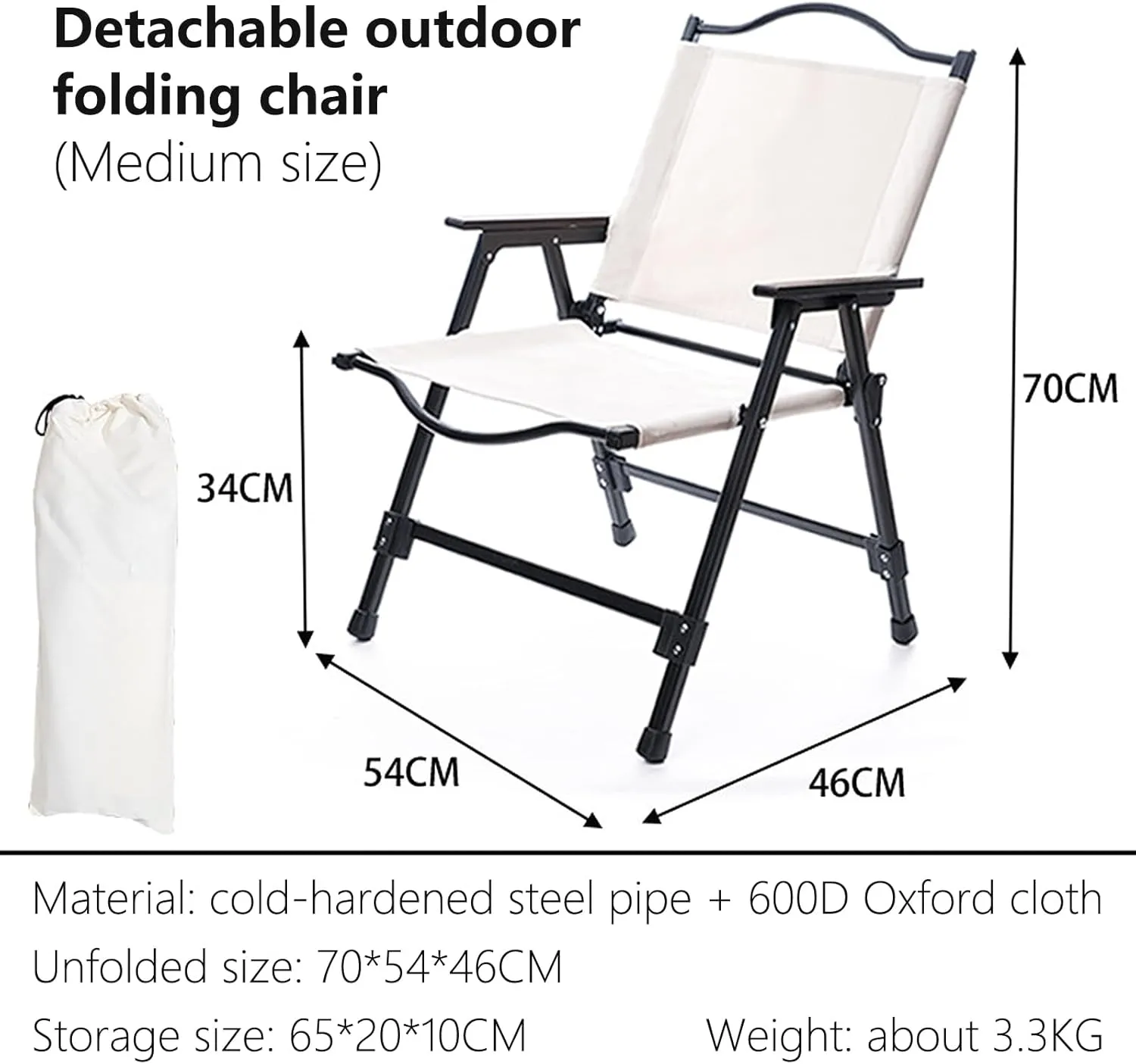 Outdoor Folding Chair Detachable Camping Portable Steel Frame Soft Padded Anti Roll Stable 440LBS for Fishing Beach Picnic Sunbathing Garden Travel-Noir