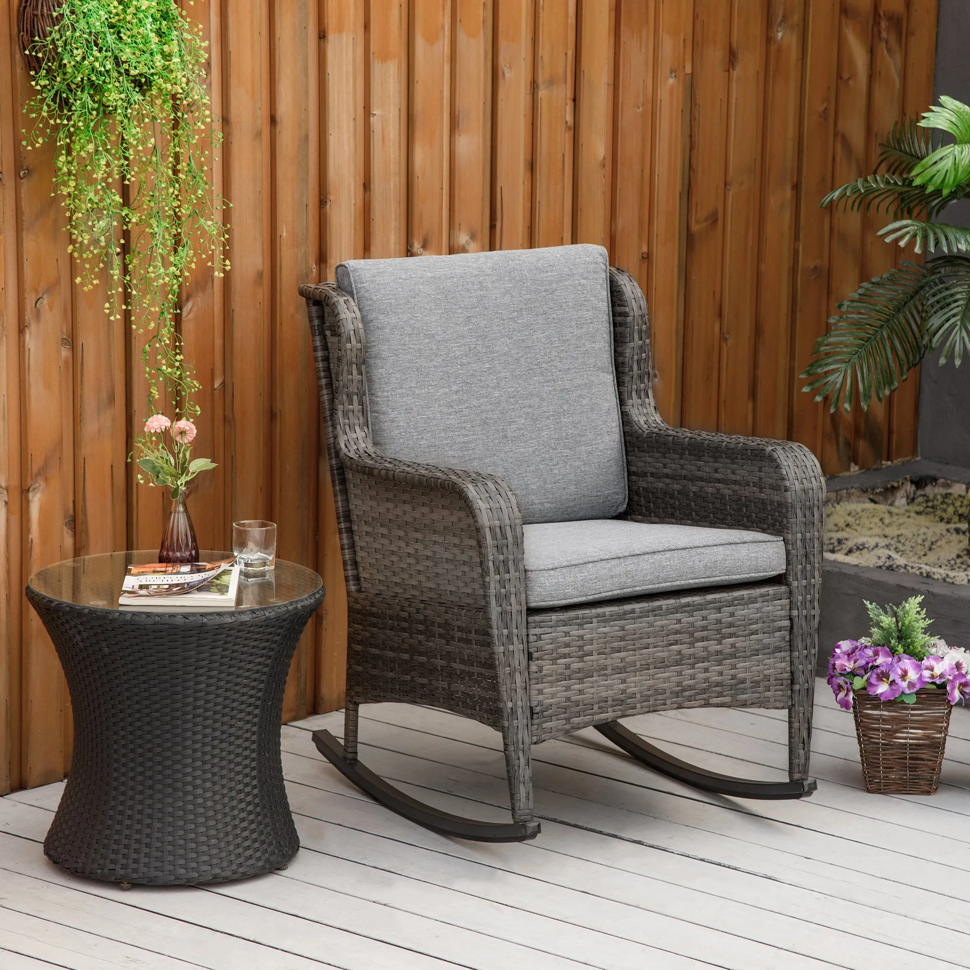 Outdoor Rockers with Wide Seat, Thick Cushions, Rattan Rockers with Steel Frame, Dark Gray