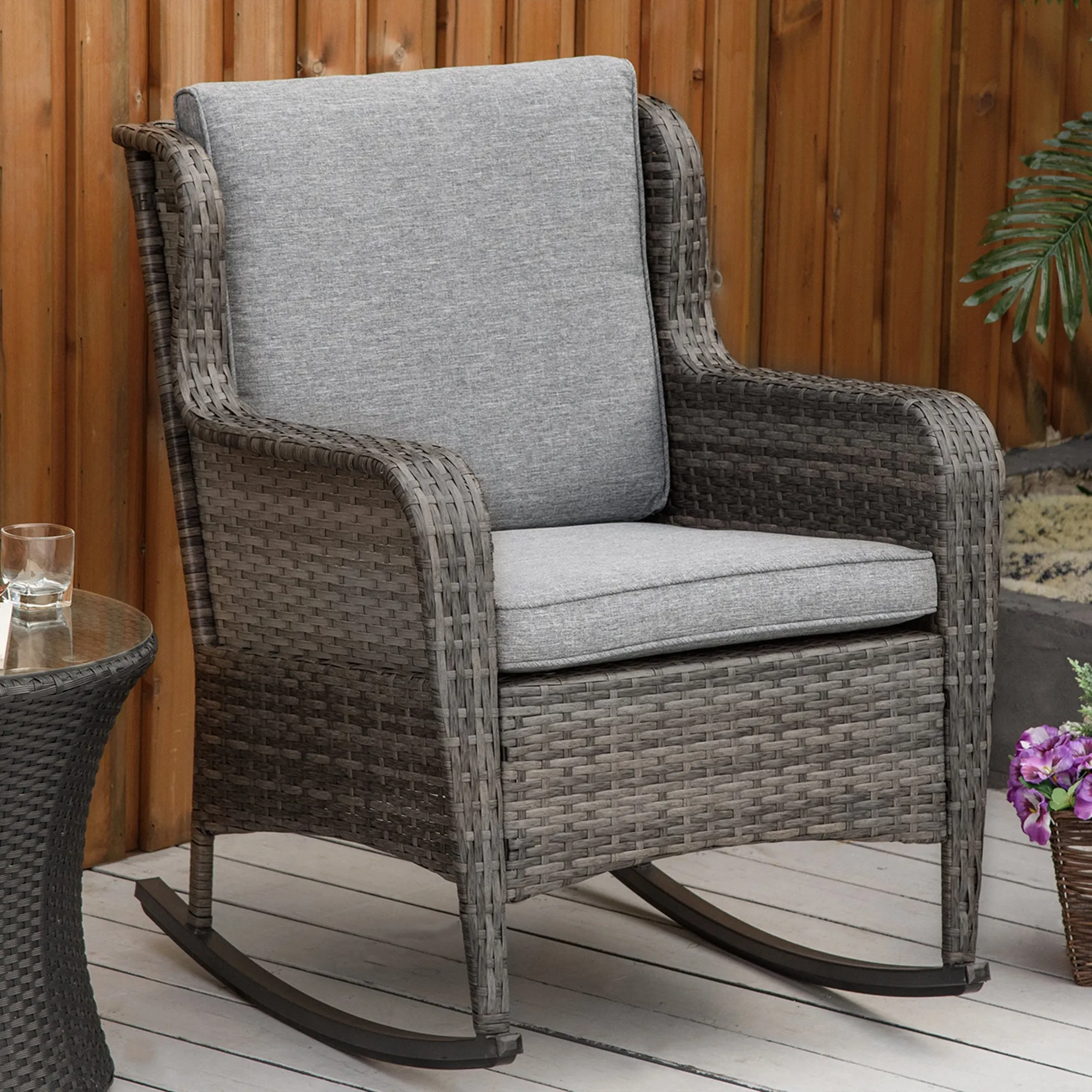 Outdoor Rockers with Wide Seat, Thick Cushions, Rattan Rockers with Steel Frame, Dark Gray