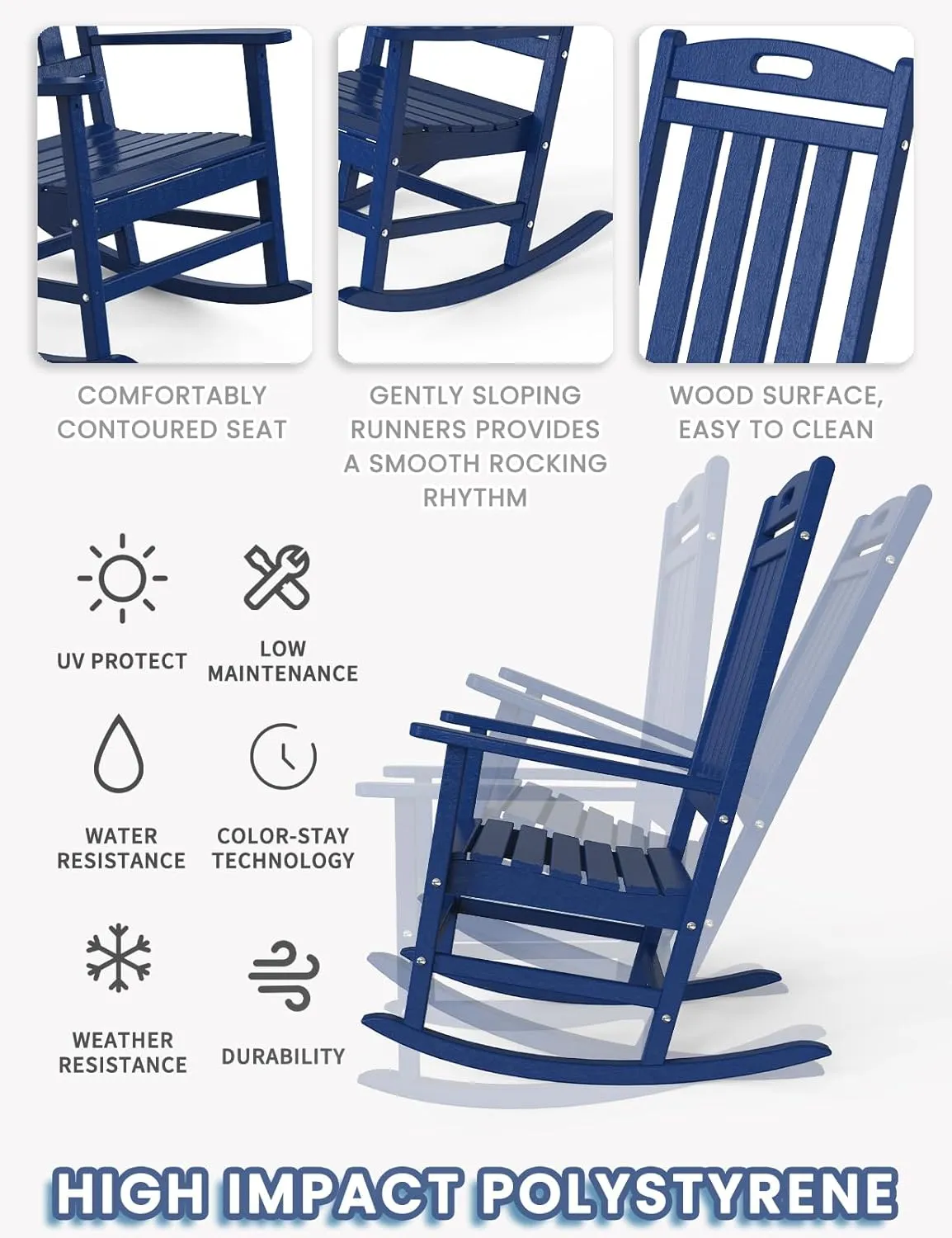 Outdoor Rocking Chair, High Back HDPE Patio Chair, All Weather Rocker Porch Chair, Lawn Chair for Deck, Porch, Backyard, Garden and Indoor, Navy
