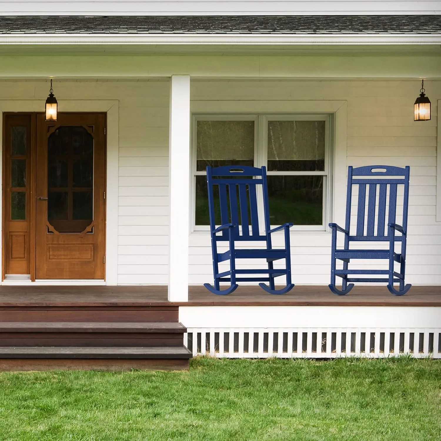 Outdoor Rocking Chair, High Back HDPE Patio Chair, All Weather Rocker Porch Chair, Lawn Chair for Deck, Porch, Backyard, Garden and Indoor, Navy