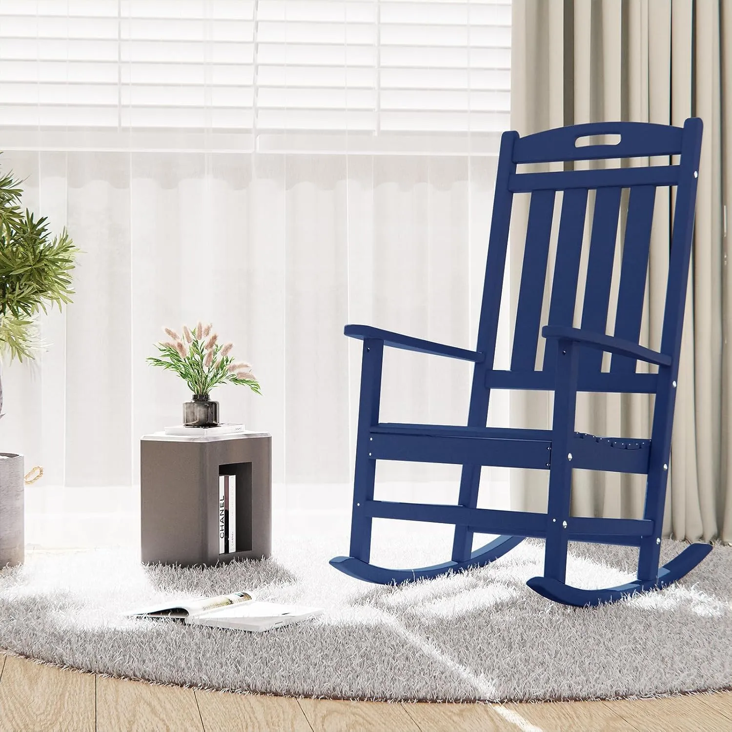 Outdoor Rocking Chair, High Back HDPE Patio Chair, All Weather Rocker Porch Chair, Lawn Chair for Deck, Porch, Backyard, Garden and Indoor, Navy