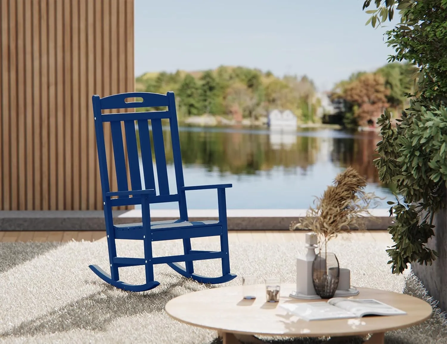 Outdoor Rocking Chair, High Back HDPE Patio Chair, All Weather Rocker Porch Chair, Lawn Chair for Deck, Porch, Backyard, Garden and Indoor, Navy