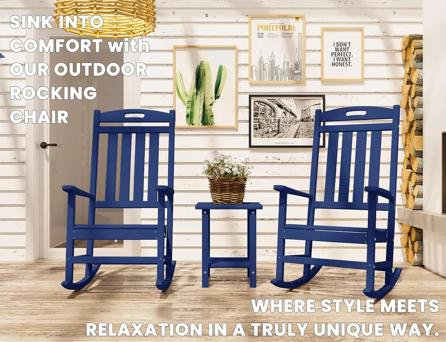 Outdoor Rocking Chair, High Back HDPE Patio Chair, All Weather Rocker Porch Chair, Lawn Chair for Deck, Porch, Backyard, Garden and Indoor, Navy